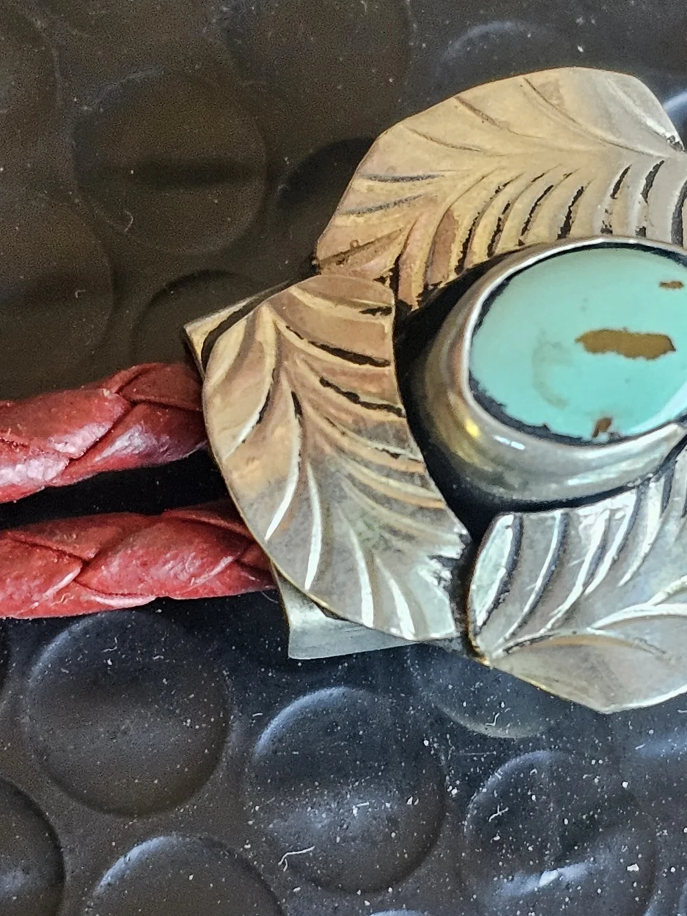 Turquoise Leaf Bolo Tie - Red Cord